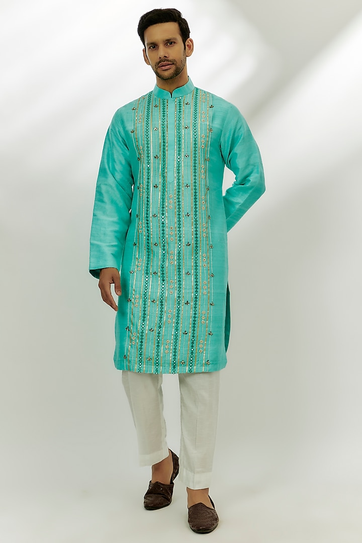 Cyan Blue Raw Silk Mirror & Pearl Embroidered Kurta by Nadima Saqib Men at Pernia's Pop Up Shop