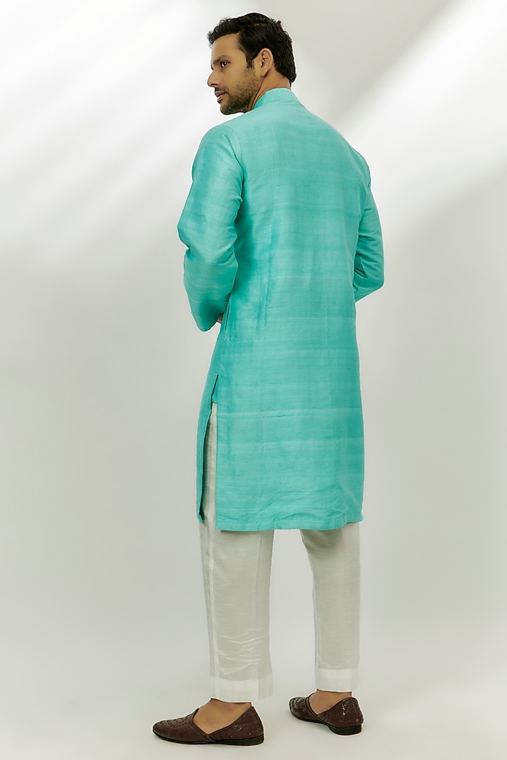 Cyan Blue Raw Silk Mirror & Pearl Embroidered Kurta by Nadima Saqib Men at Pernia's Pop Up Shop