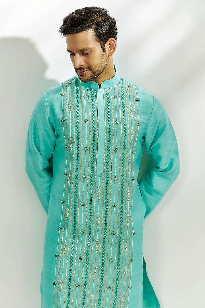 Cyan Blue Raw Silk Mirror & Pearl Embroidered Kurta by Nadima Saqib Men at Pernia's Pop Up Shop