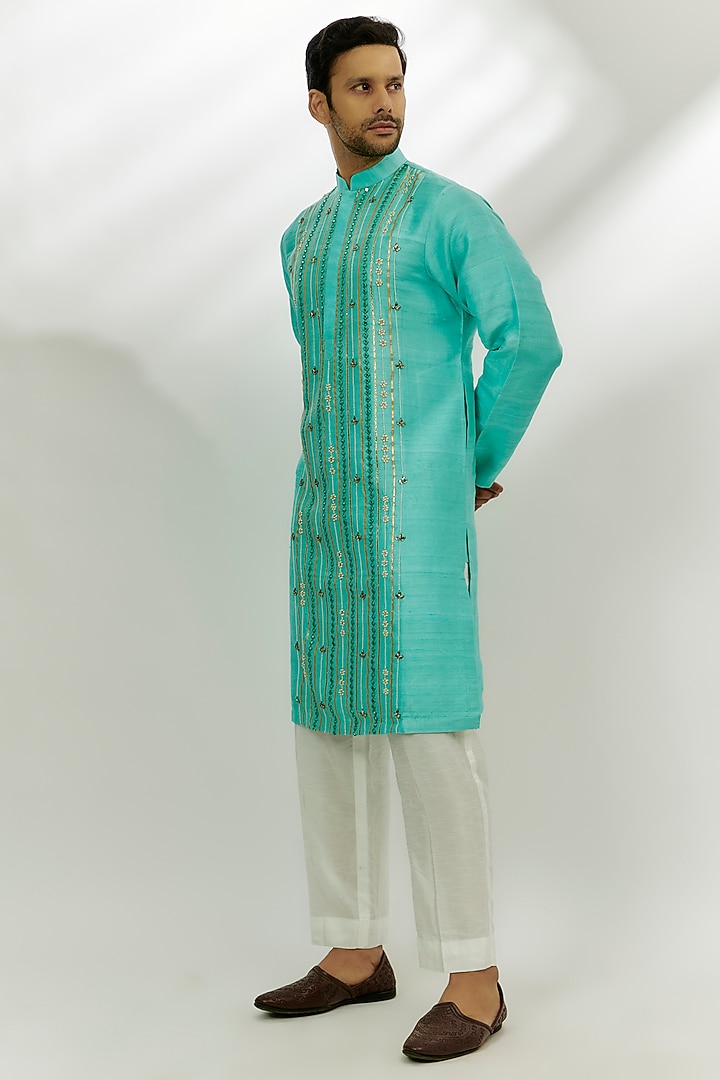 Cyan Blue Raw Silk Mirror & Pearl Embroidered Kurta by Nadima Saqib Men at Pernia's Pop Up Shop