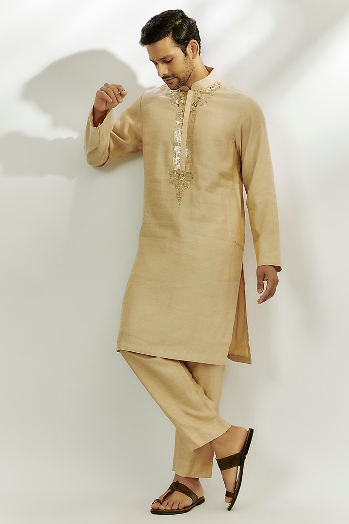 Beige Chanderi Tissue Zardosi & Thread Embroidered Kurta Set by Nadima Saqib Men at Pernia's Pop Up Shop