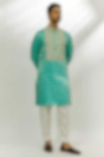 Cyan Blue Silk Chanderi Thread Embroidered Kurta by Nadima Saqib Men