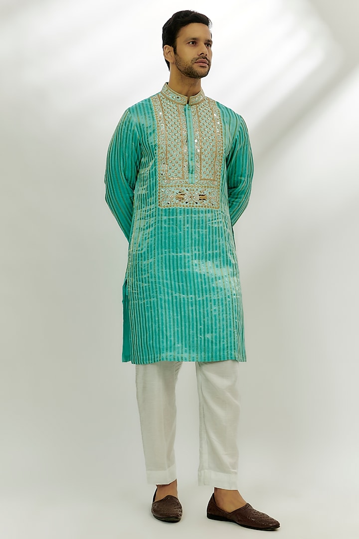 Cyan Blue Silk Chanderi Thread Embroidered Kurta by Nadima Saqib Men at Pernia's Pop Up Shop