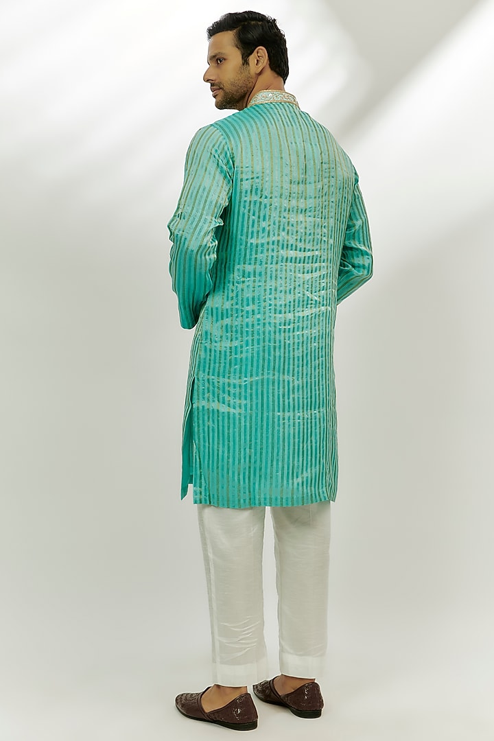 Cyan Blue Silk Chanderi Thread Embroidered Kurta by Nadima Saqib Men at Pernia's Pop Up Shop