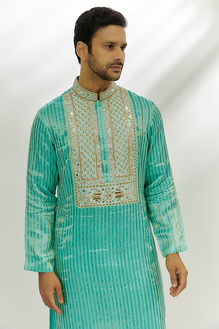 Cyan Blue Silk Chanderi Thread Embroidered Kurta by Nadima Saqib Men at Pernia's Pop Up Shop