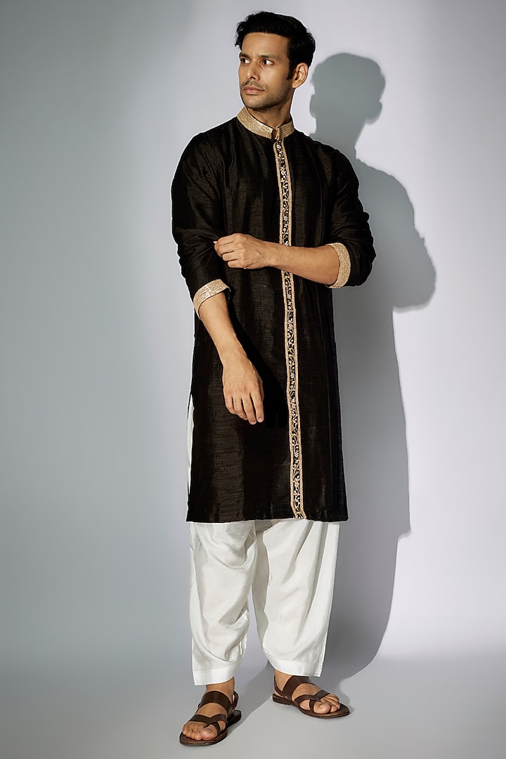 Black Raw Silk Zardosi Embroidered Kurta by Nadima Saqib Men