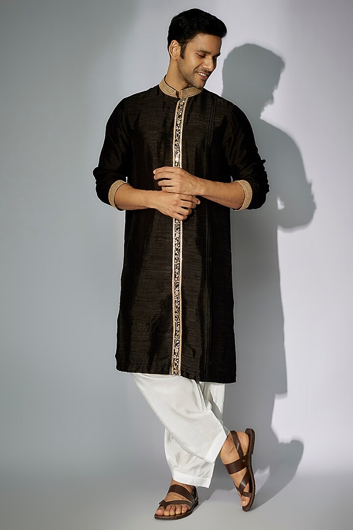 Black Raw Silk Zardosi Embroidered Kurta by Nadima Saqib Men at Pernia's Pop Up Shop
