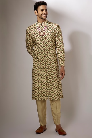 Beige Dupion Silk Digital Printed Sherwani Set by Nadima Saqib Men