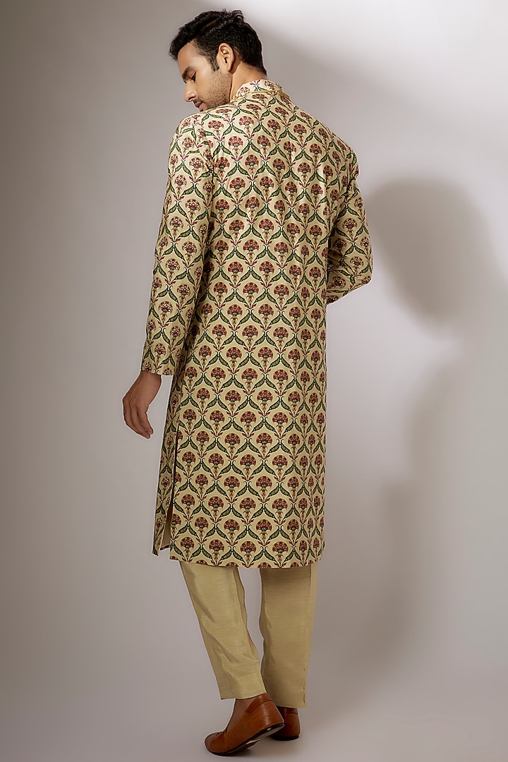 Beige Dupion Silk Digital Printed Wedding Sherwani Set by Nadima Saqib Men at Pernia's Pop Up Shop