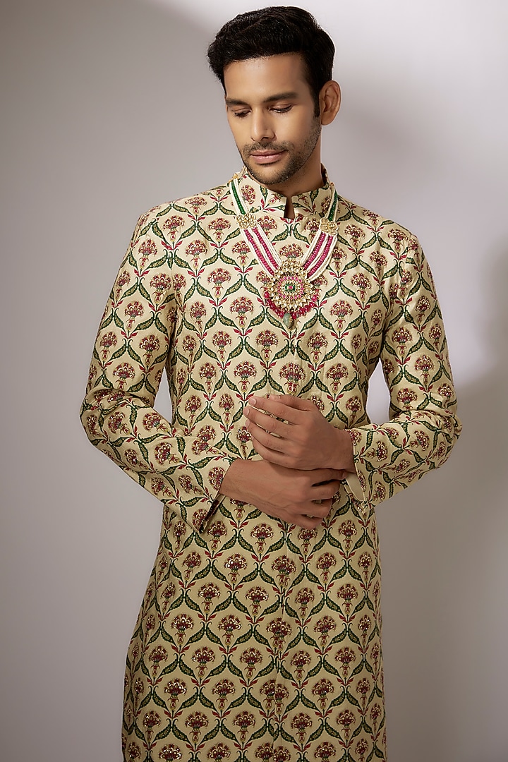 Beige Dupion Silk Digital Printed Wedding Sherwani Set by Nadima Saqib Men at Pernia's Pop Up Shop