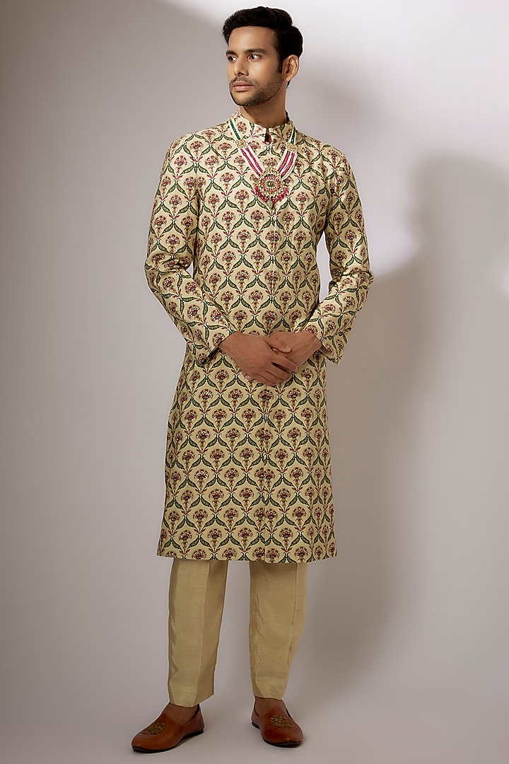 Beige Dupion Silk Digital Printed Wedding Sherwani Set by Nadima Saqib Men at Pernia's Pop Up Shop