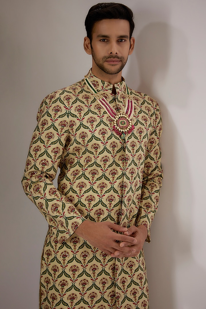 Beige Dupion Silk Digital Printed Wedding Sherwani Set by Nadima Saqib Men at Pernia's Pop Up Shop