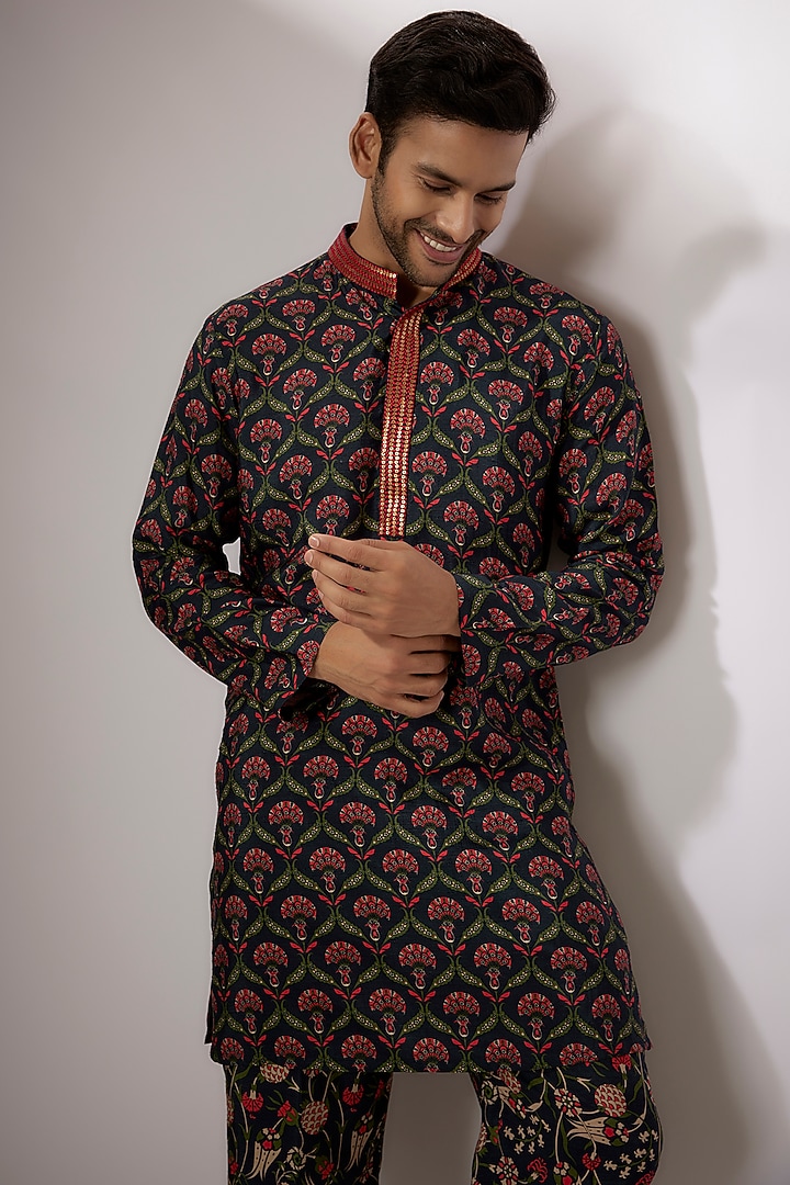 Dark Blue Dupion Silk Digital Printed Kurta Set by Nadima Saqib Men at Pernia's Pop Up Shop