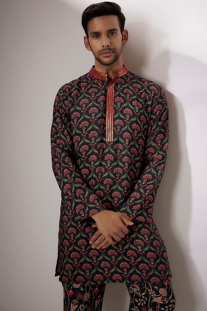 Dark Blue Dupion Silk Digital Printed Kurta Set by Nadima Saqib Men at Pernia's Pop Up Shop