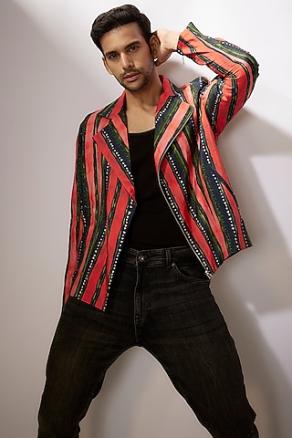 Dark Blue & Red Dupion Silk Digital Stripes Printed Jacket by Nadima Saqib Men