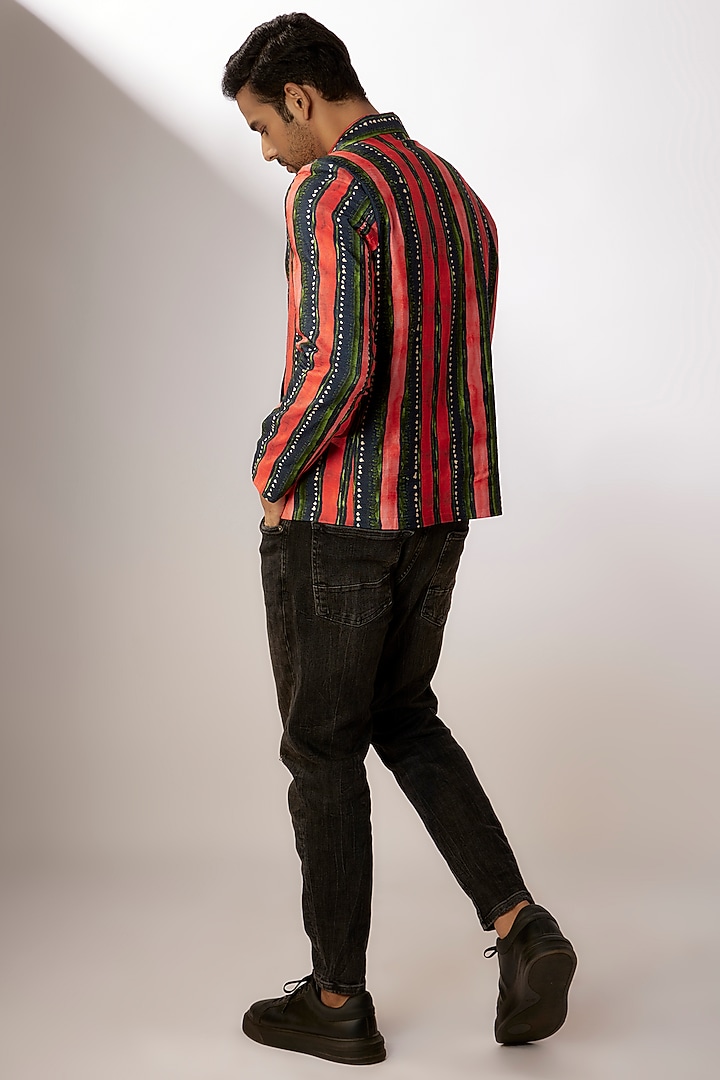 Dark Blue & Red Dupion Silk Digital Stripes Printed Jacket by Nadima Saqib Men at Pernia's Pop Up Shop