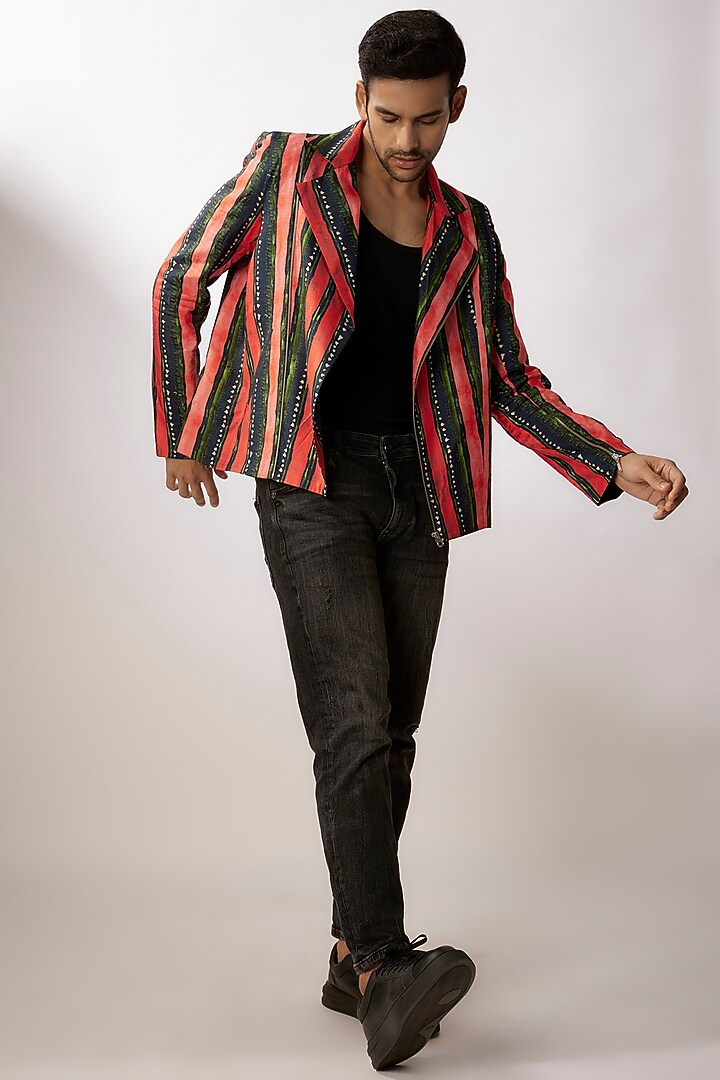 Dark Blue & Red Dupion Silk Digital Stripes Printed Jacket by Nadima Saqib Men at Pernia's Pop Up Shop