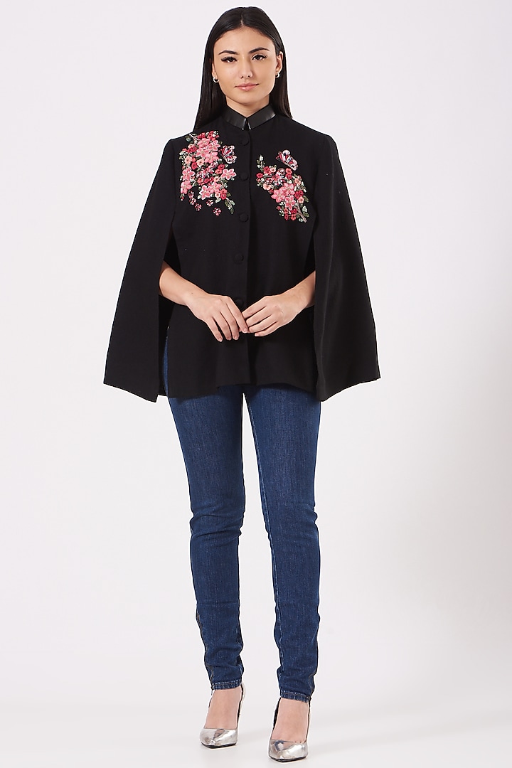 Black Embroidered Butterfly Cape by Neiza Shawls