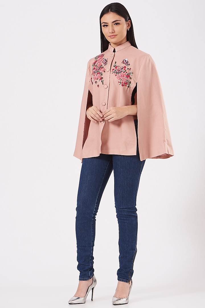 Blush Pink Embroidered Butterfly Cape by Neiza Shawls