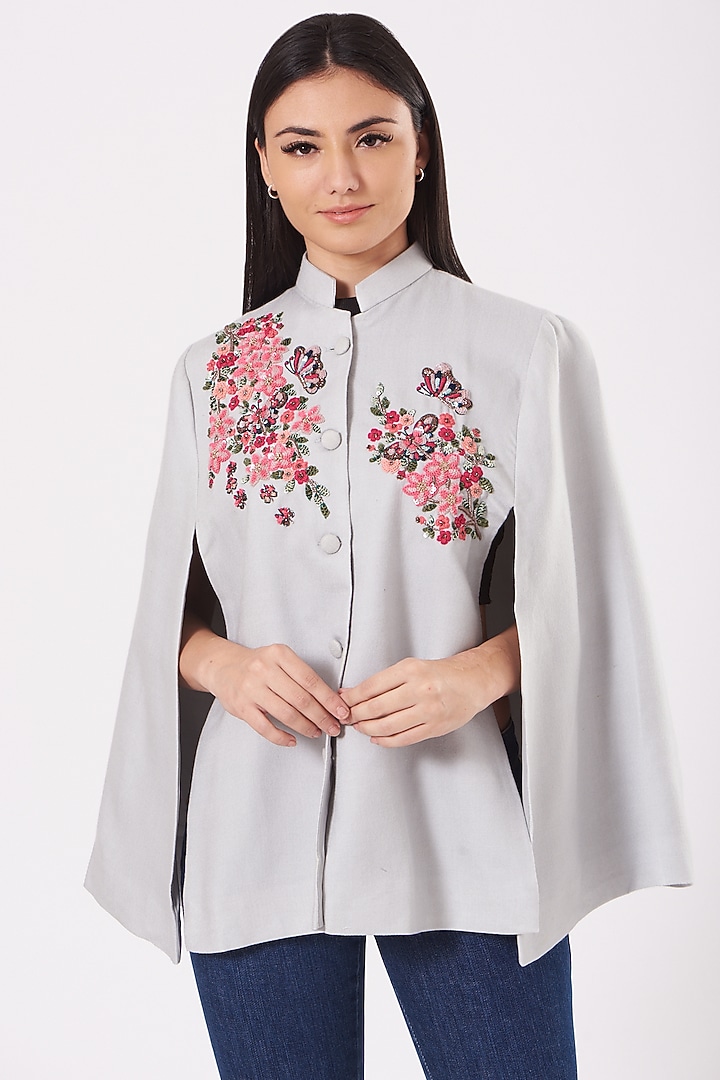 Grey Embroidered Cape by Neiza Shawls at Pernia's Pop Up Shop