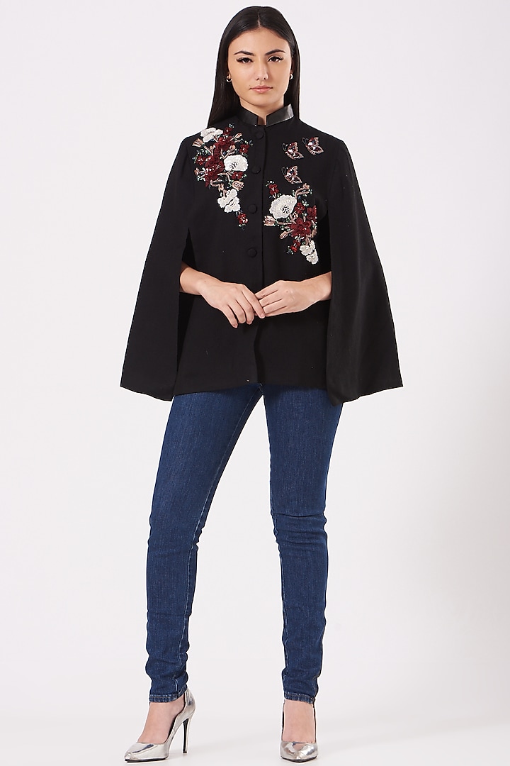 Black Cashmere Wool Embroidered Cape by Neiza Shawls