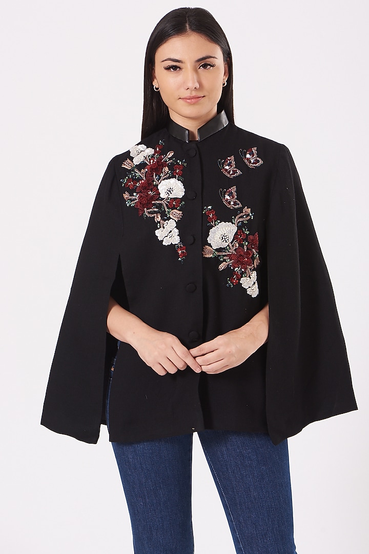 Black Cashmere Wool Embroidered Cape by Neiza Shawls at Pernia's Pop Up Shop