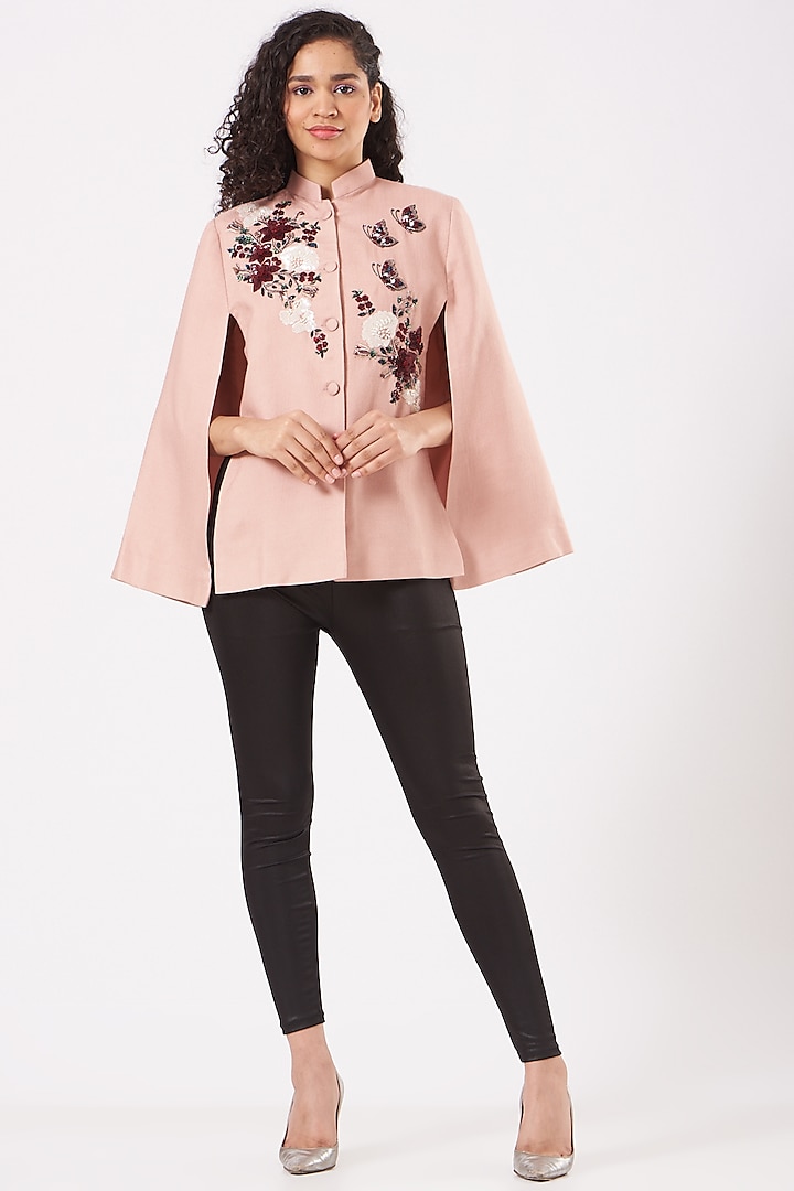 Blush Pink Cashmere Wool Embroidered Cape by Neiza Shawls