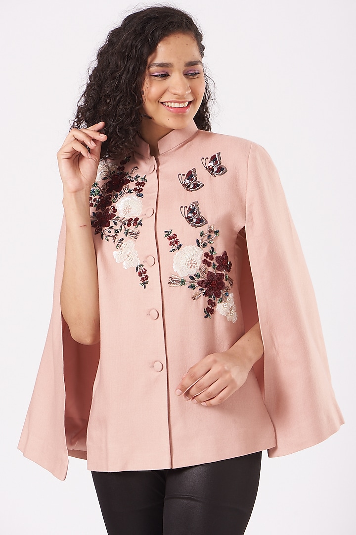 Blush Pink Cashmere Wool Embroidered Cape by Neiza Shawls at Pernia's Pop Up Shop