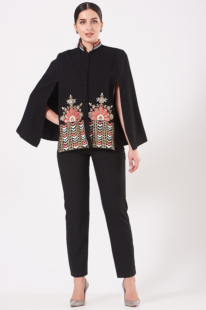 Black Cape With Embroidery by Neiza Shawls