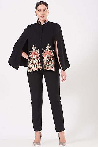 Black Cape With Embroidery by Neiza Shawls