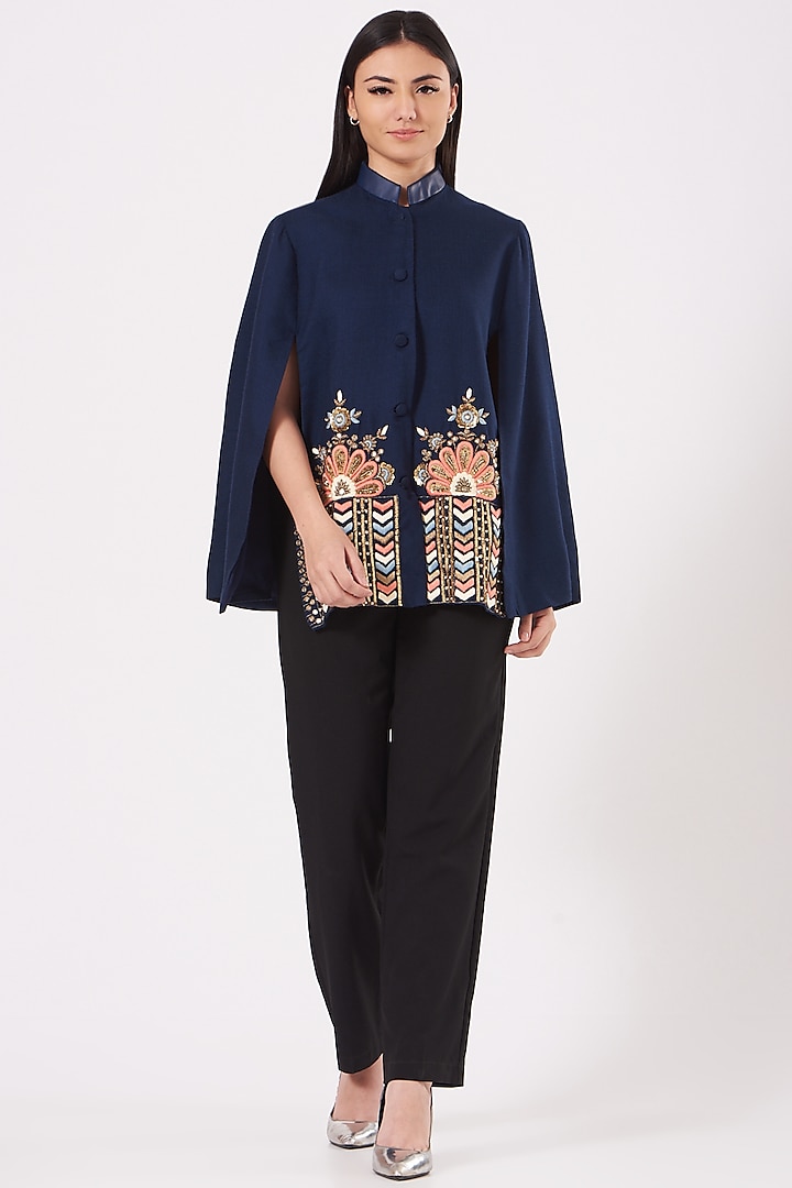 Cobalt Blue Cape With Embroidery by Neiza Shawls