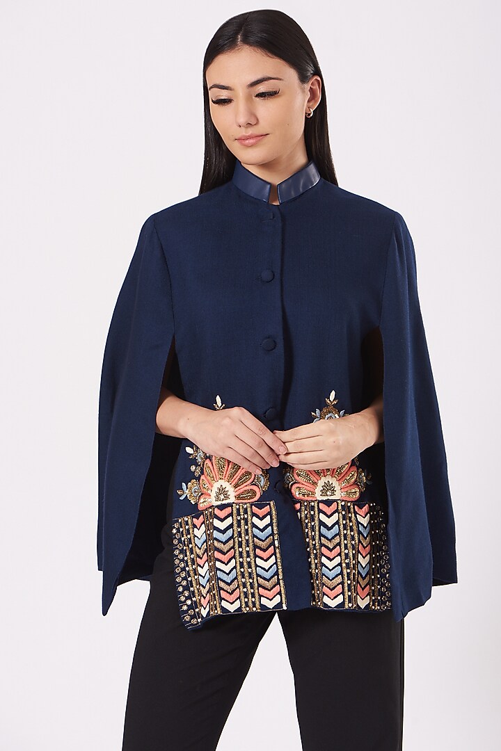 Cobalt Blue Cape With Embroidery by Neiza Shawls at Pernia's Pop Up Shop