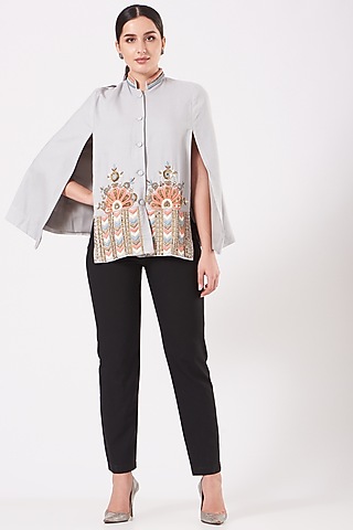 Grey Cape With Embroidery by Neiza Shawls