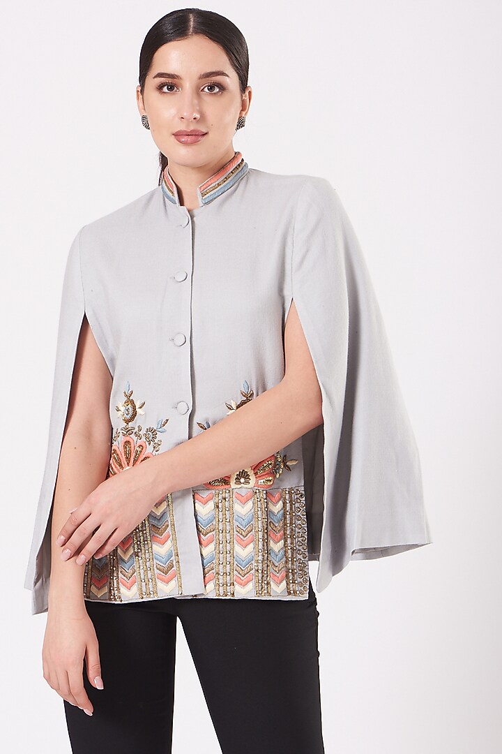 Grey Cape With Embroidery by Neiza Shawls at Pernia's Pop Up Shop