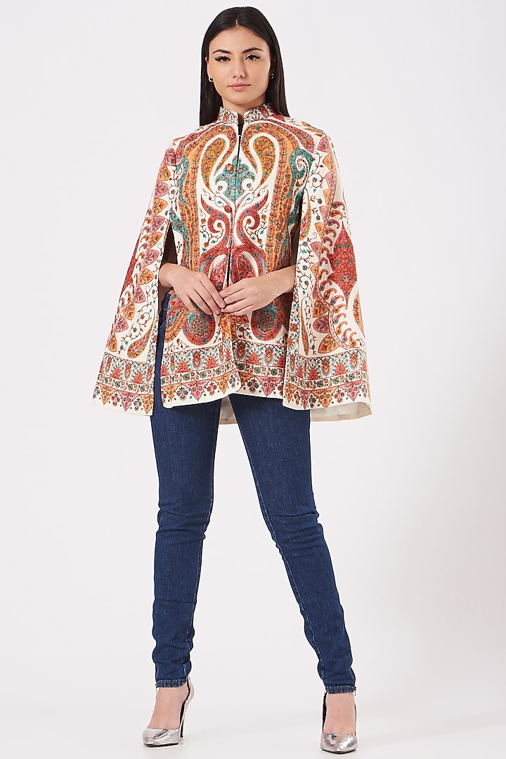 White & Mustard Embroidered Cape by Neiza Shawls
