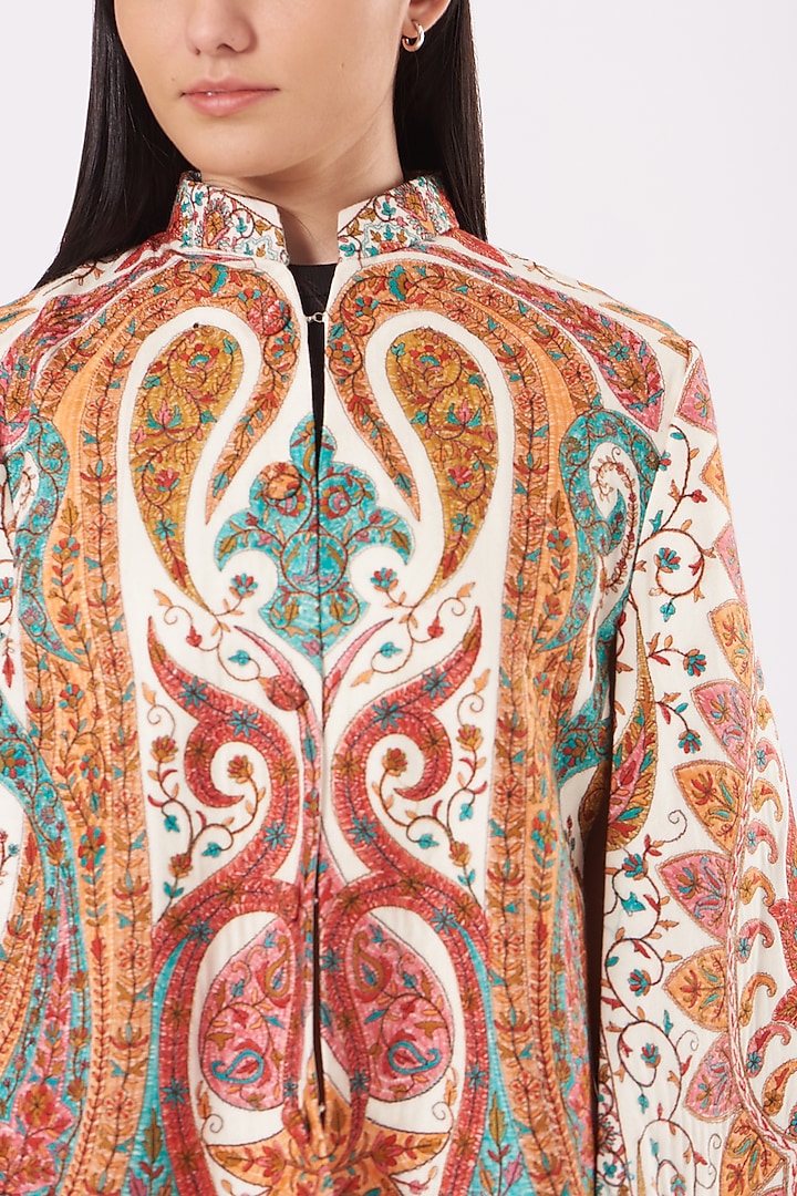 White & Mustard Embroidered Cape by Neiza Shawls at Pernia's Pop Up Shop