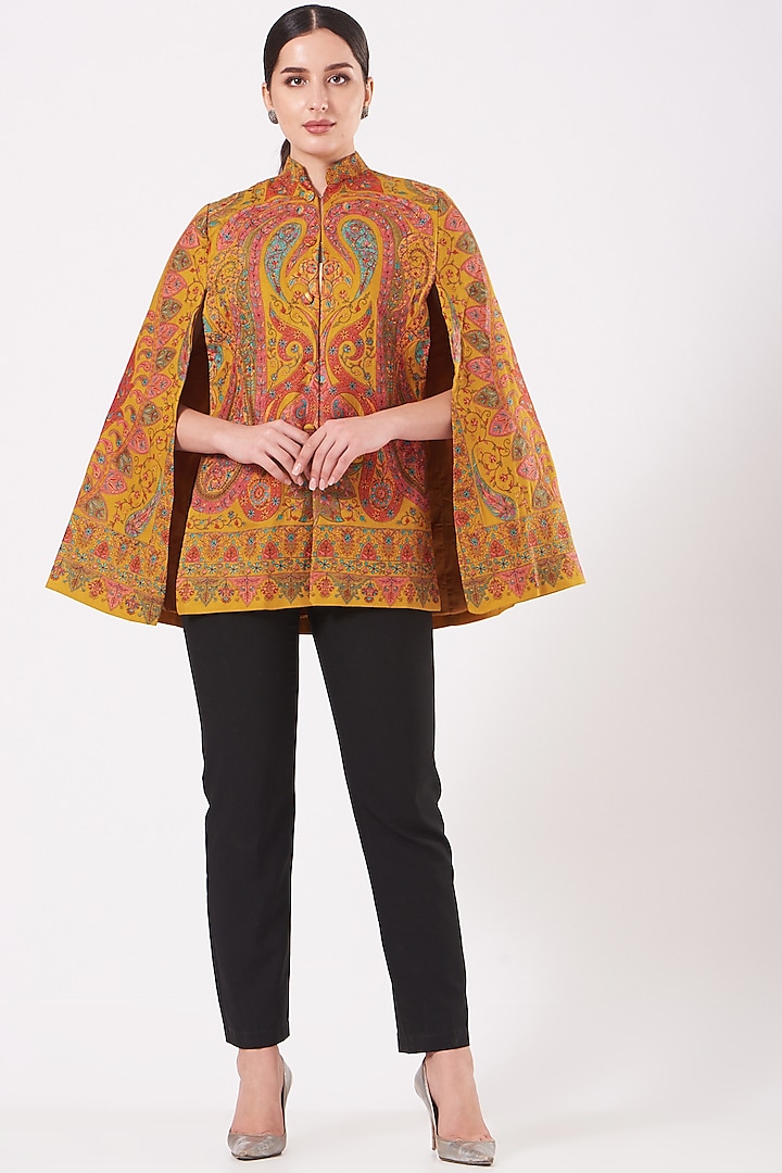 Mustard Hand Embroidered Cape by Neiza Shawls