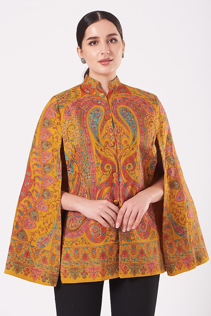 Mustard Hand Embroidered Cape by Neiza Shawls at Pernia's Pop Up Shop