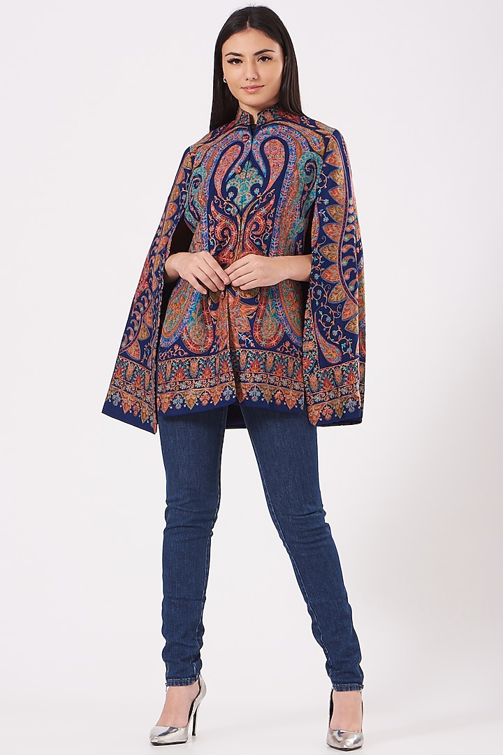 Dark Blue Embroidered Cape by Neiza Shawls