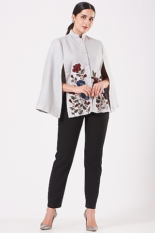 Grey Cape With Hand Embroidery by Neiza Shawls