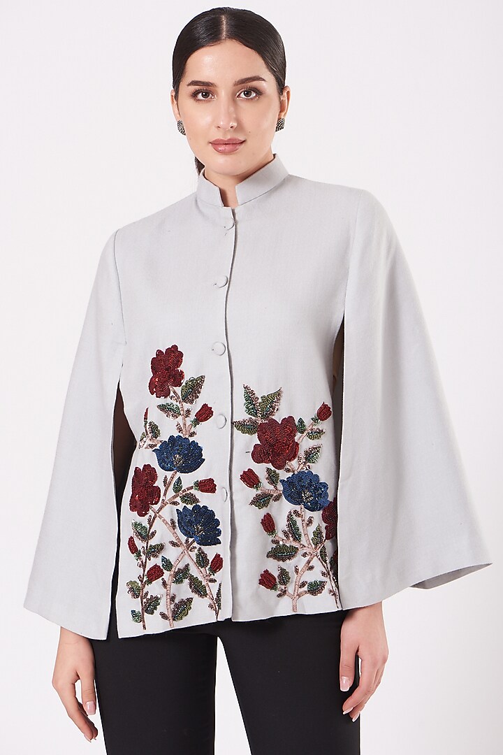 Grey Cape With Hand Embroidery by Neiza Shawls at Pernia's Pop Up Shop