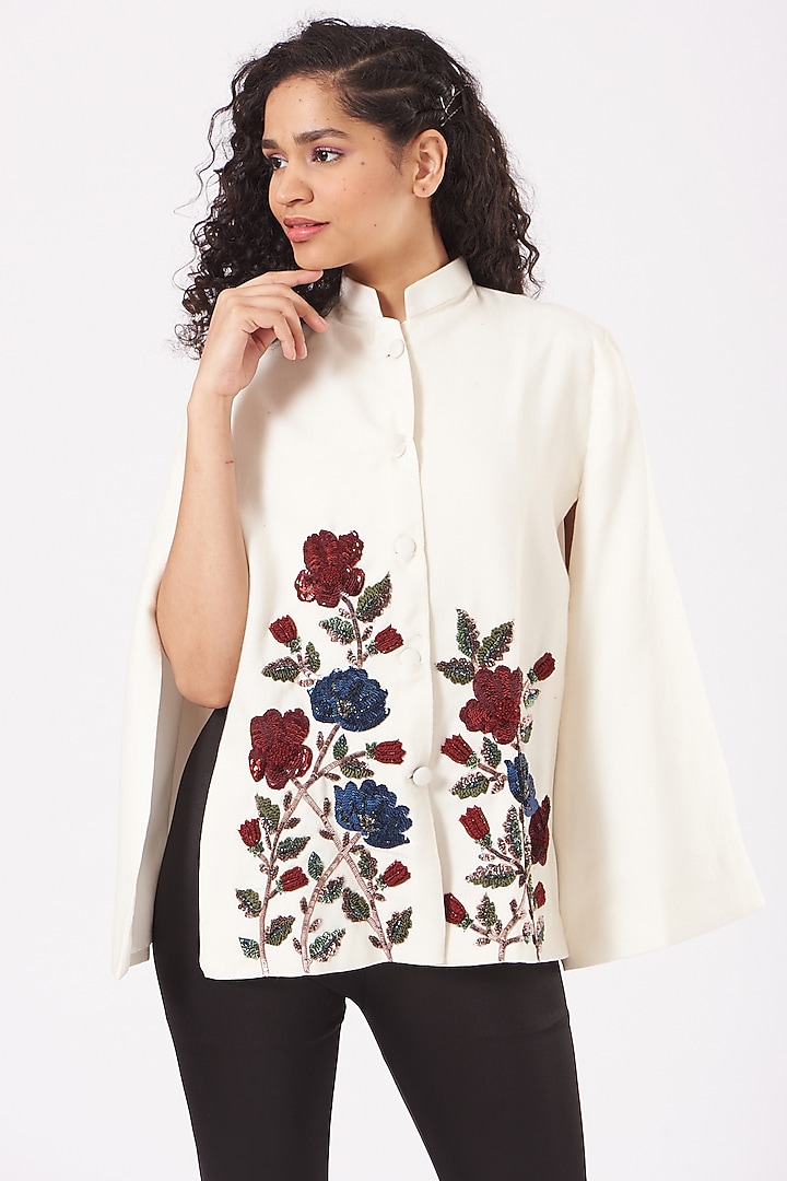 White Hand Embroidered Cape by Neiza Shawls at Pernia's Pop Up Shop
