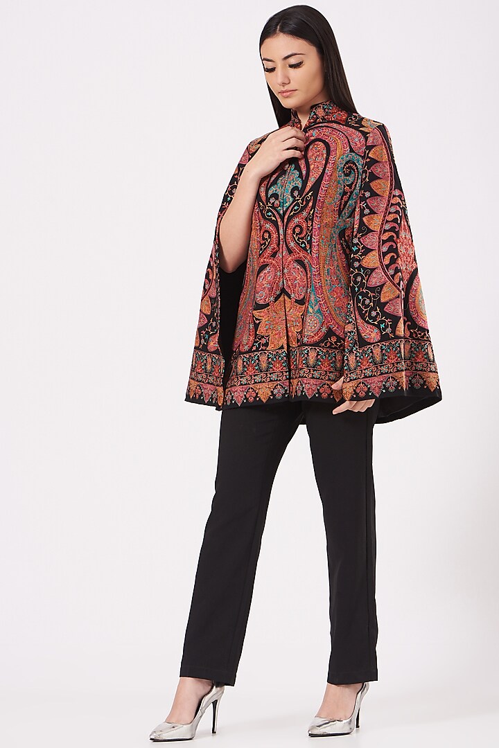 Black Cape With Hand Embroidery by Neiza Shawls