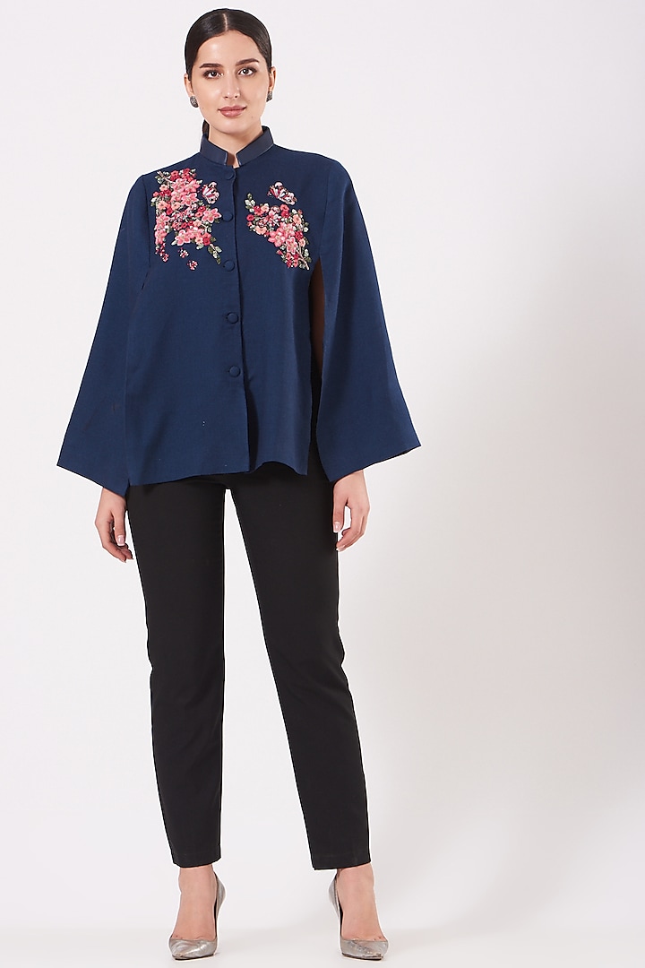 Cobalt Blue Embroidered Butterfly Cape by Neiza Shawls