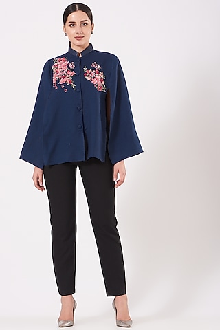 Cobalt Blue Embroidered Butterfly Cape by Neiza Shawls