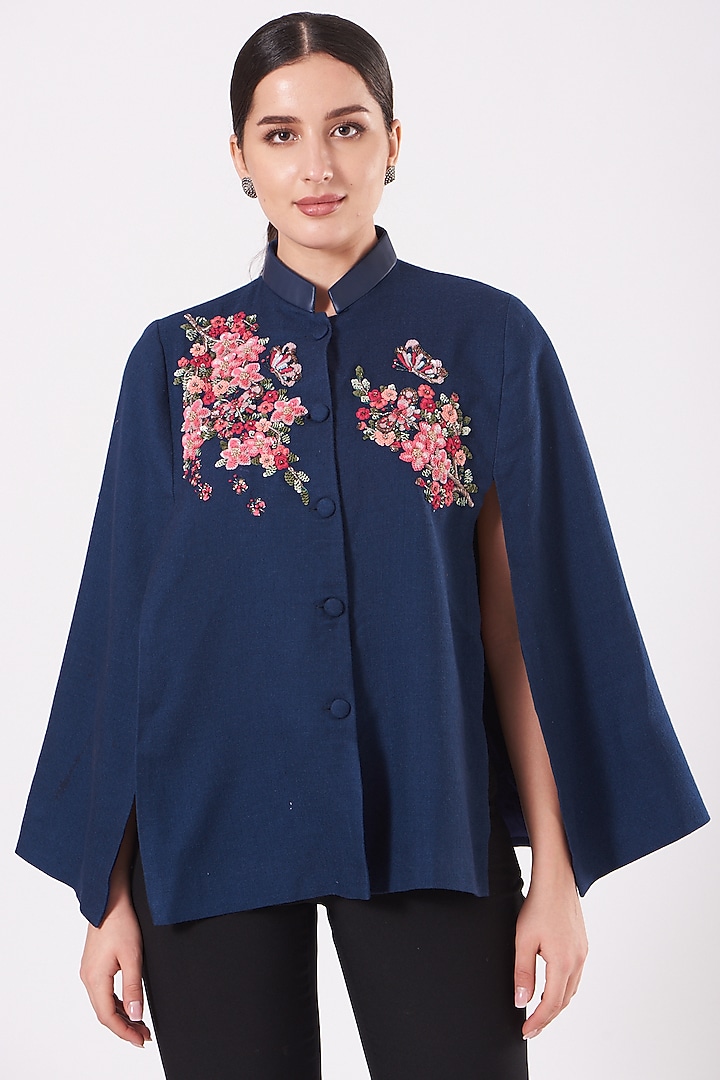 Cobalt Blue Embroidered Butterfly Cape by Neiza Shawls at Pernia's Pop Up Shop