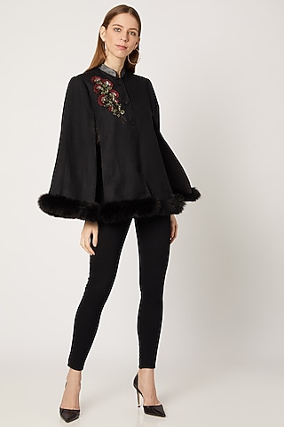 Black Embroidered Cape With Fur by Neiza Shawls