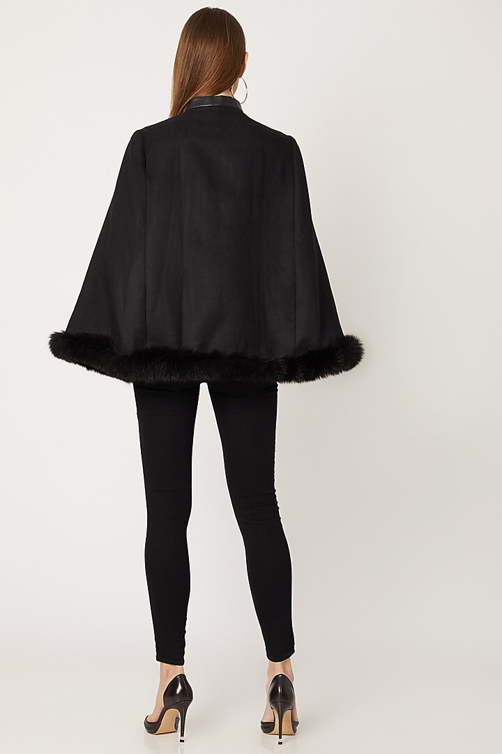 Black Embroidered Cape With Fur by Neiza Shawls at Pernia's Pop Up Shop