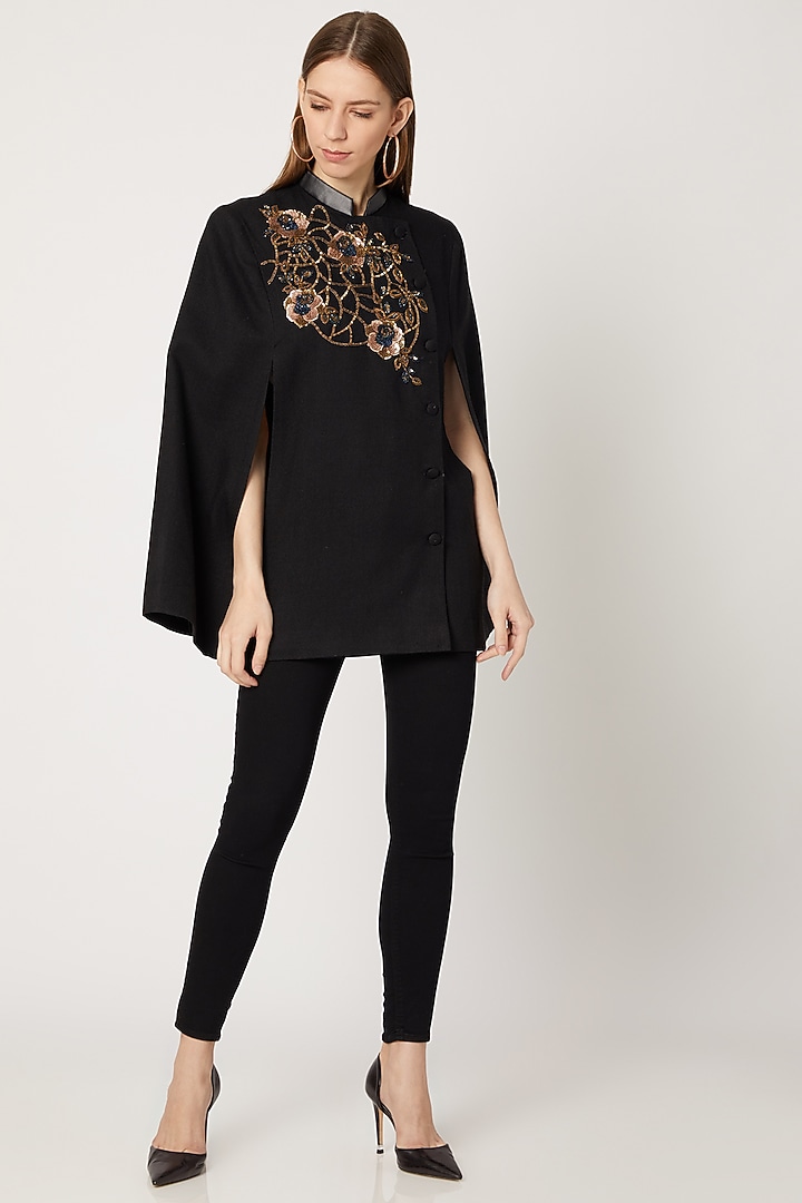 Black Embroidered Double Breasted Cape by Neiza Shawls at Pernia's Pop Up Shop