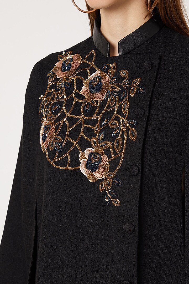 Black Embroidered Double Breasted Cape by Neiza Shawls at Pernia's Pop Up Shop